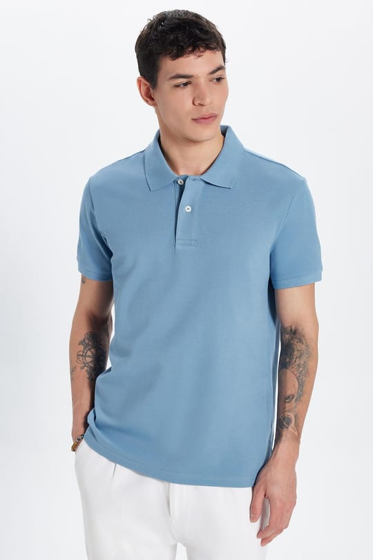 Erkek Slim Fit Dar Kesim %100 Pamuk Mavi Polo Yaka Tişört