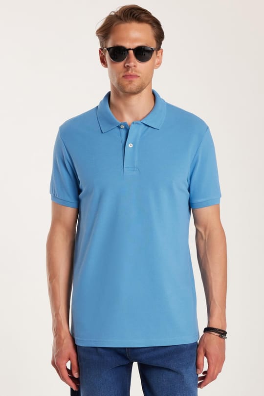 Erkek Slim Fit Dar Kesim %100 Pamuk Mavi Polo Yaka Tişört
