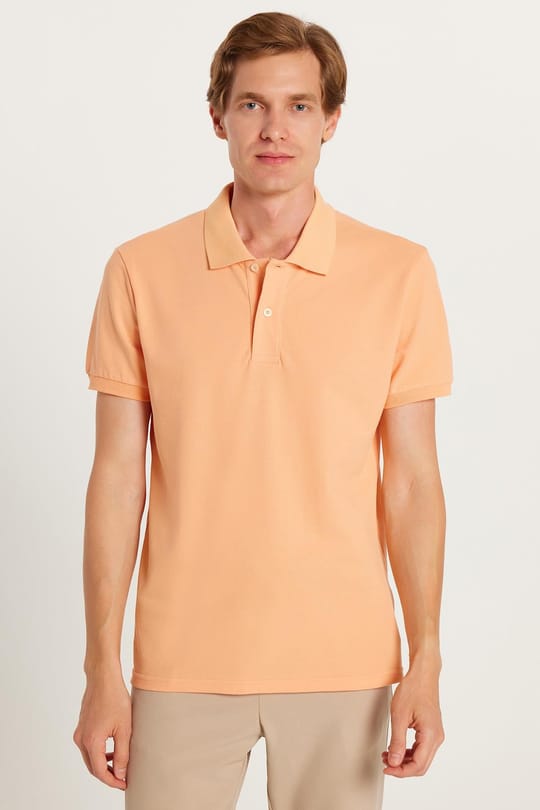 Erkek Slim Fit Dar Kesim %100 Pamuk Turuncu Polo Yaka Tişört