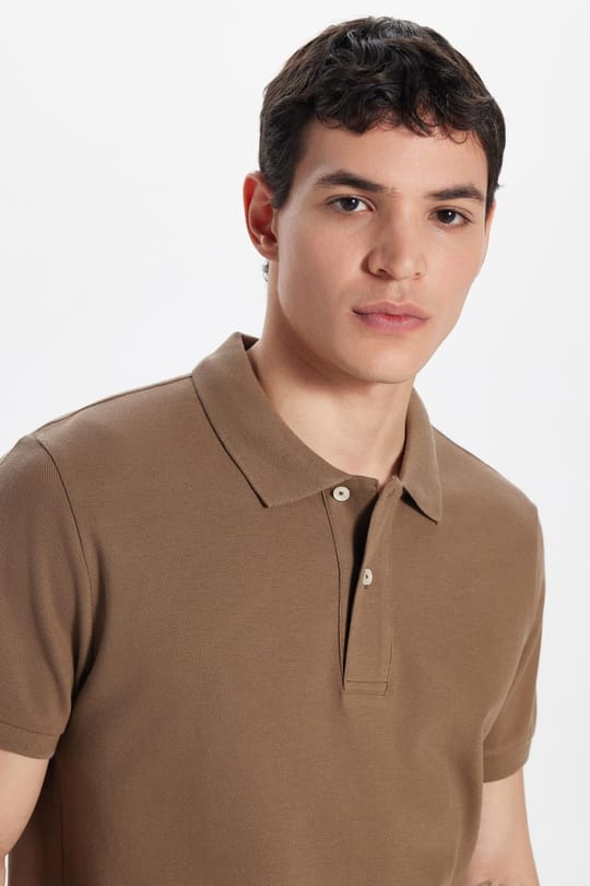 Erkek Slim Fit Dar Kesim %100 Pamuk Kahverengi Polo Yaka Tişört