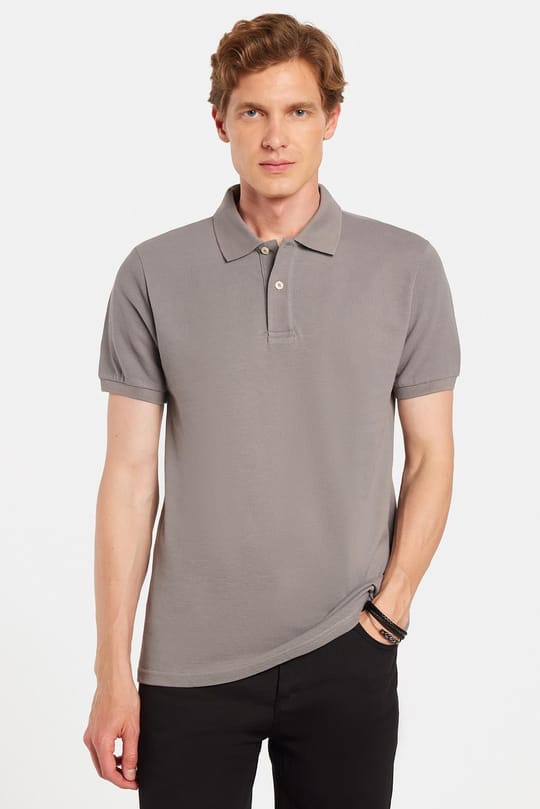 Erkek Slim Fit Dar Kesim %100 Pamuklu Gri Polo Yaka Tişört