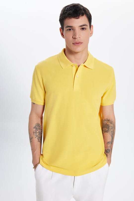 Erkek Slim Fit Dar Kesim %100 Pamuk Sarı Polo Yaka Tişört