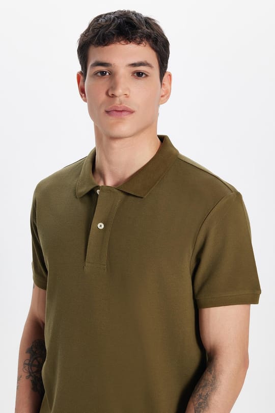 Erkek Slim Fit Dar Kesim %100 Pamuk Haki Polo Yaka Tişört