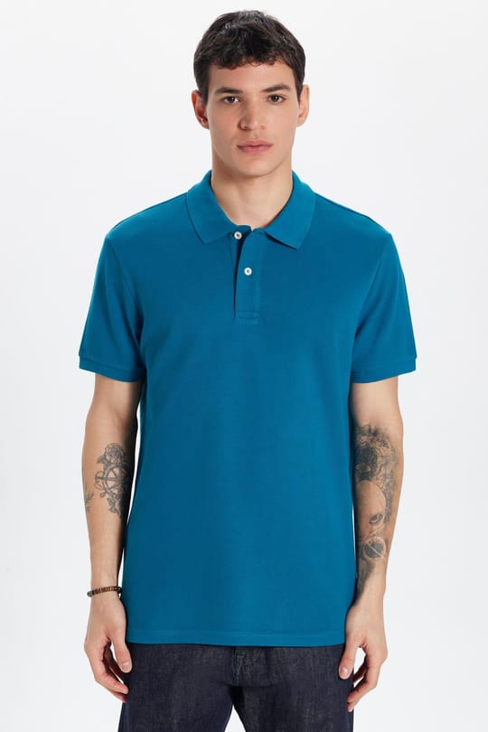 Erkek Slim Fit Dar Kesim %100 Pamuk Mavi Polo Yaka Tişört