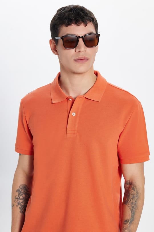 Erkek Slim Fit Dar Kesim %100 Pamuk Turuncu Polo Yaka Tişört
