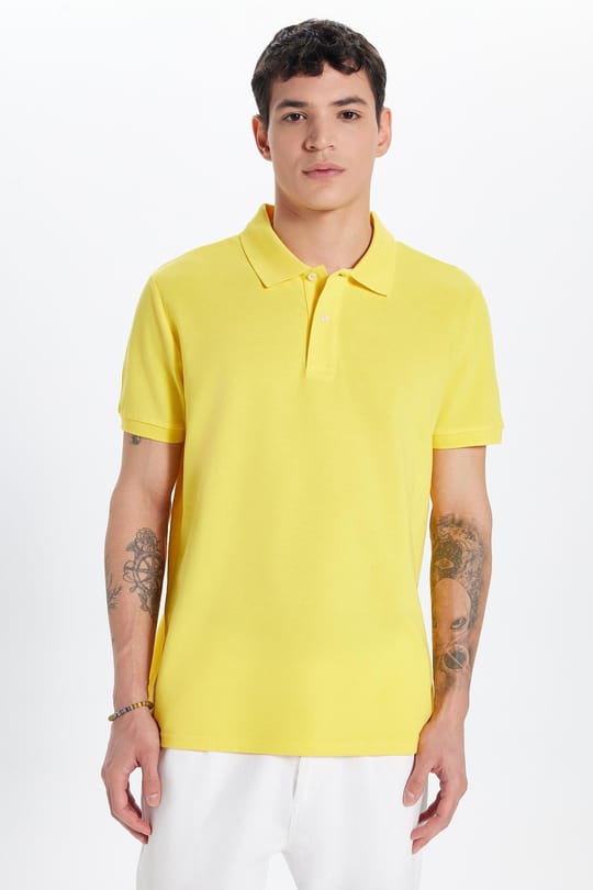 Erkek Slim Fit Dar Kesim %100 Pamuk Sarı Polo Yaka Tişört