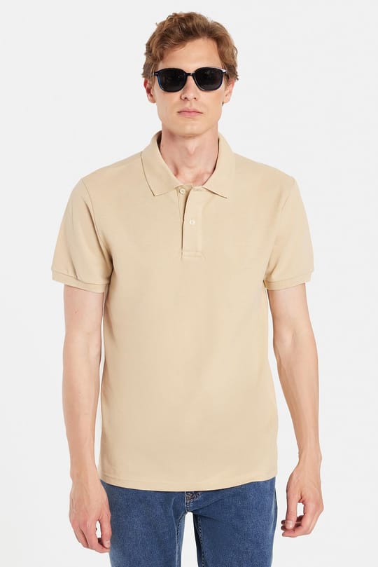 Erkek Slim Fit Dar Kesim %100 Pamuk Bej Polo Yaka Tişört