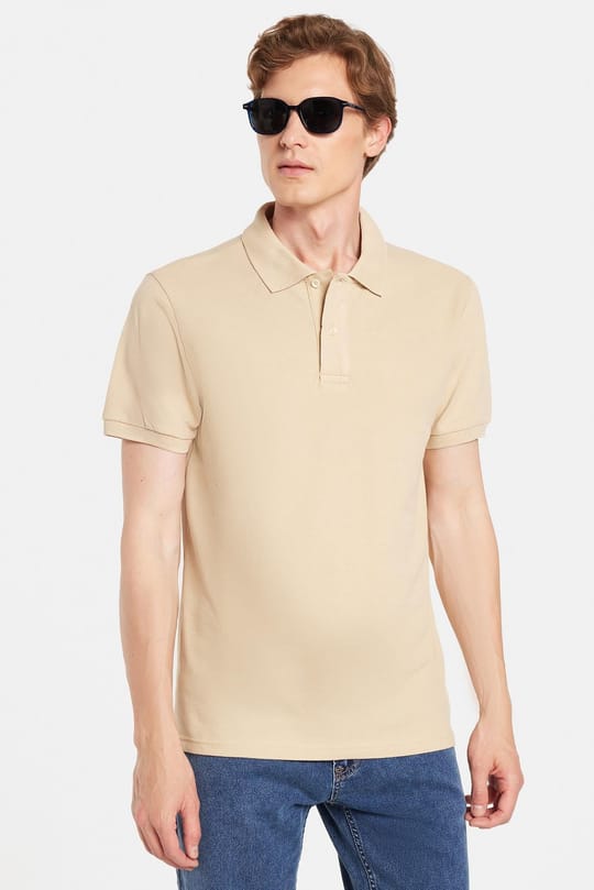 Erkek Slim Fit Dar Kesim %100 Pamuk Bej Polo Yaka Tişört