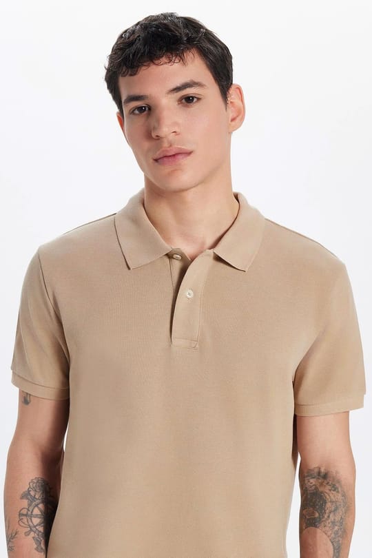 Erkek Slim Fit Dar Kesim %100 Pamuk Bej Polo Yaka Tişört