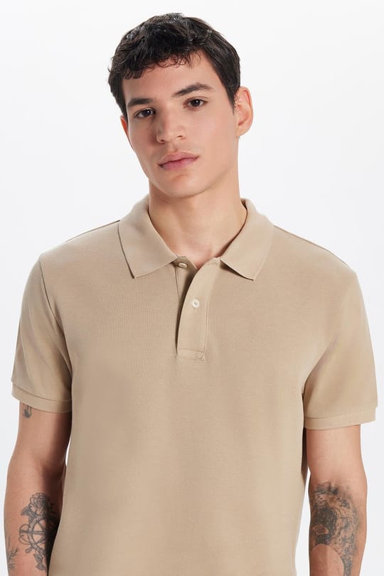 Erkek Slim Fit Dar Kesim %100 Pamuk Bej Polo Yaka Tişört