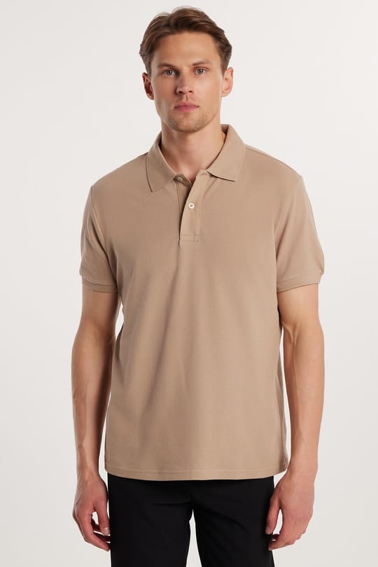 Erkek Slim Fit Dar Kesim %100 Pamuk Bej Polo Yaka Tişört
