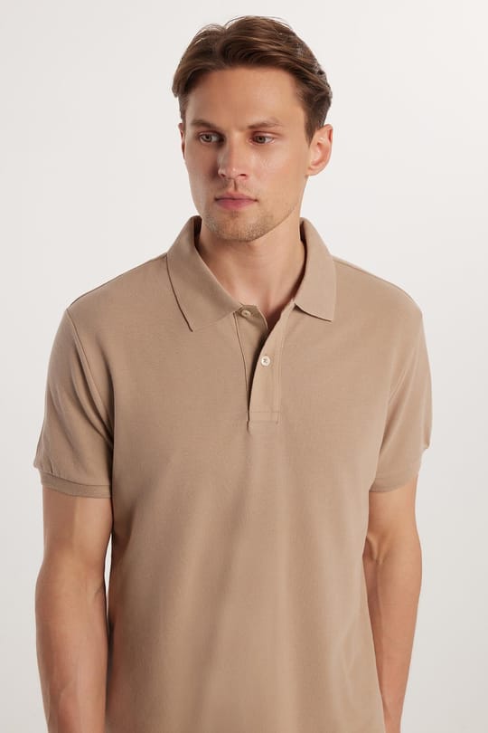 Erkek Slim Fit Dar Kesim %100 Pamuk Bej Polo Yaka Tişört