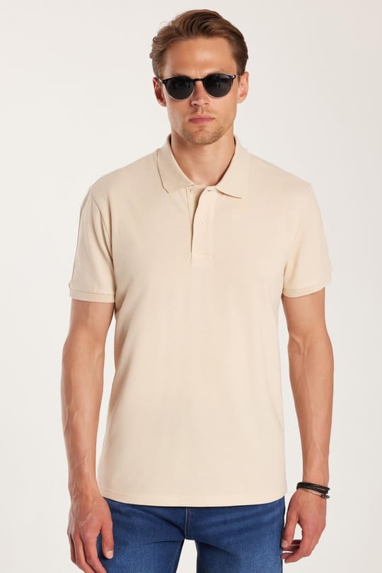 Erkek Slim Fit Dar Kesim %100 Pamuk Bej Polo Yaka Tişört
