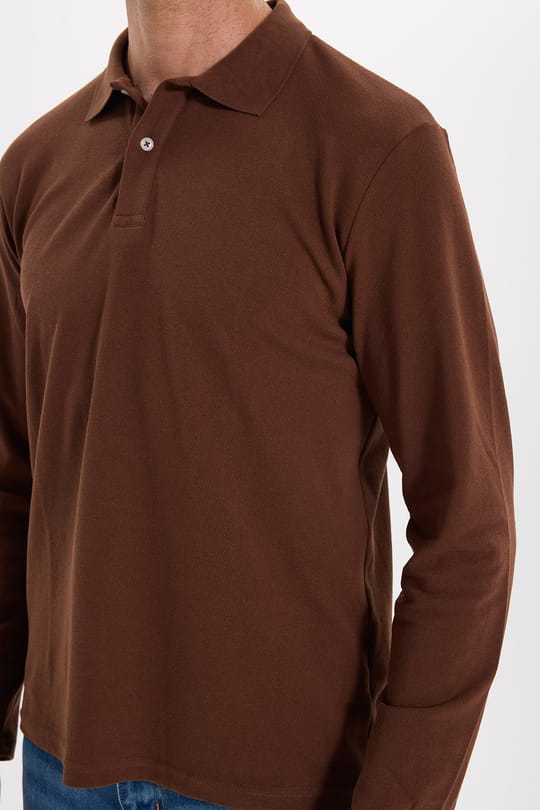 Erkek Standart Fit Rahat Kesim Pamuklu Yumuşak Dokulu Pike Kahverengi Polo Yaka Sweatshirt