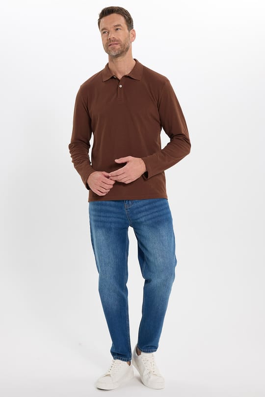 Erkek Standart Fit Rahat Kesim Pamuklu Yumuşak Dokulu Pike Kahverengi Polo Yaka Sweatshirt