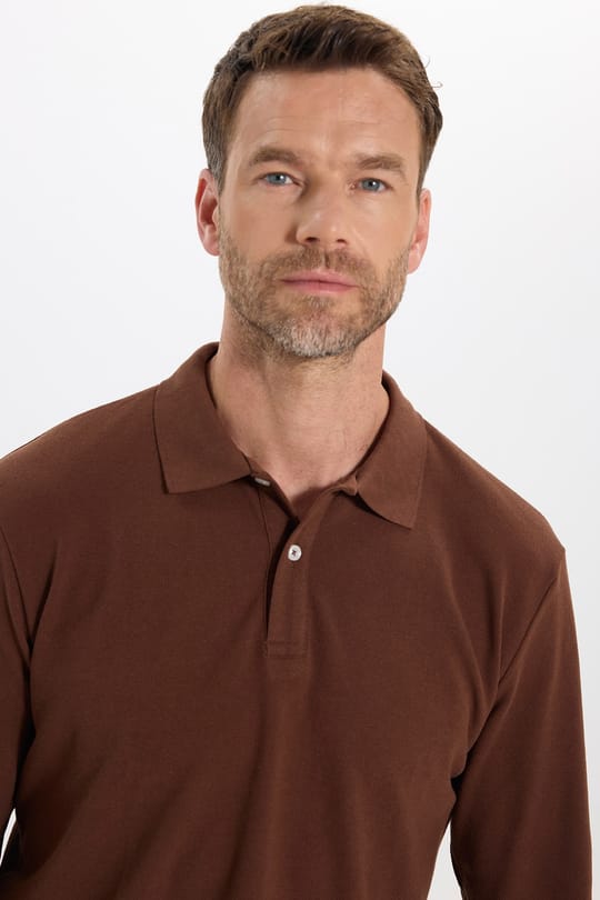 Erkek Standart Fit Rahat Kesim Pamuklu Yumuşak Dokulu Pike Kahverengi Polo Yaka Sweatshirt