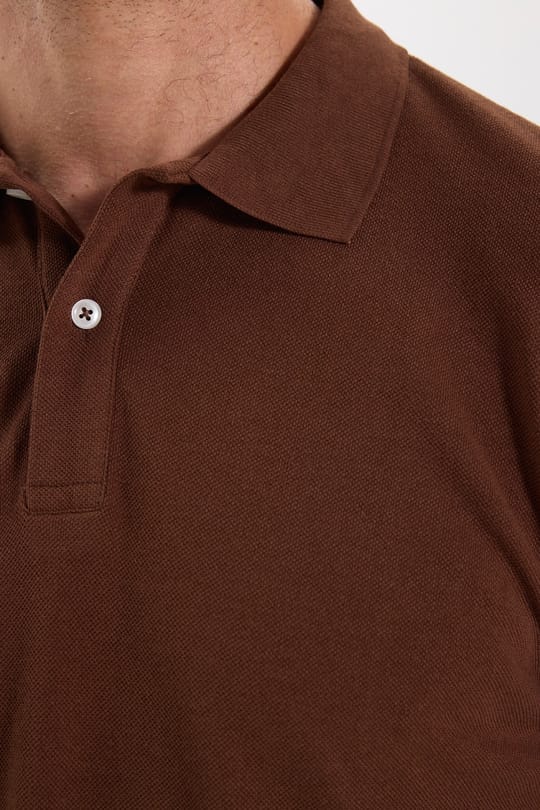 Erkek Standart Fit Rahat Kesim Pamuklu Yumuşak Dokulu Pike Kahverengi Polo Yaka Sweatshirt