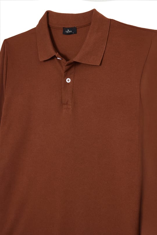 Erkek Standart Fit Rahat Kesim Pamuklu Yumuşak Dokulu Pike Uzun Kollu Kahverengi Polo Yaka Tişört