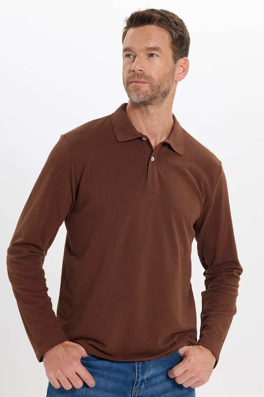 Erkek Standart Fit Rahat Kesim Pamuklu Yumuşak Dokulu Pike Kahverengi Polo Yaka Sweatshirt