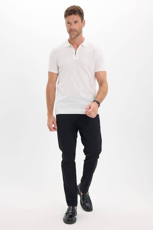 Erkek Slim Fit Dar Kesim %100 Pamuk Örme Triko Fermuarlı Beyaz Polo Yaka Tişört