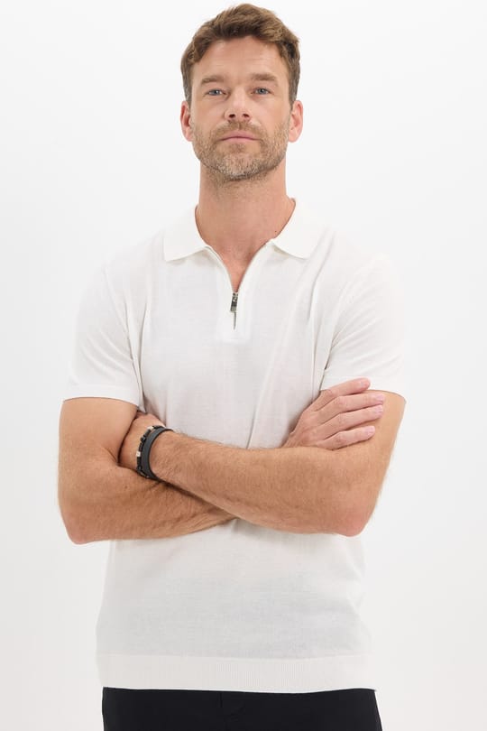 Erkek Slim Fit Dar Kesim %100 Pamuk Örme Triko Fermuarlı Beyaz Polo Yaka Tişört