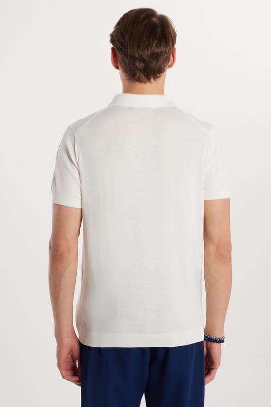 Erkek Slim Fit Dar Kesim %100 Pamuk Örme Triko Fermuarlı Beyaz Polo Yaka Tişört