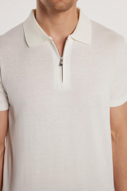 Erkek Slim Fit Dar Kesim %100 Pamuk Örme Triko Fermuarlı Beyaz Polo Yaka Tişört