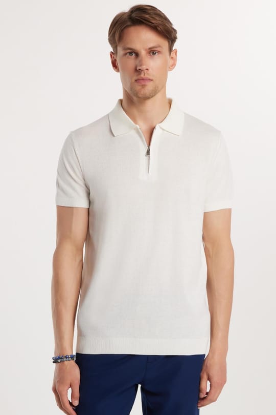 Erkek Slim Fit Dar Kesim %100 Pamuk Örme Triko Fermuarlı Beyaz Polo Yaka Tişört