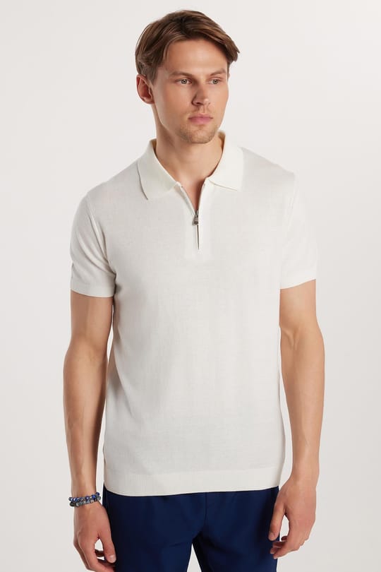 Erkek Slim Fit Dar Kesim %100 Pamuk Örme Triko Fermuarlı Beyaz Polo Yaka Tişört