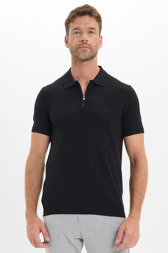 Erkek Slim Fit Dar Kesim %100 Pamuk Örme Triko Fermuarlı Siyah Polo Yaka Tişört