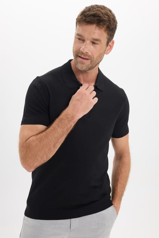 Erkek Slim Fit Dar Kesim %100 Pamuk Örme Triko Fermuarlı Siyah Polo Yaka Tişört