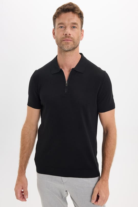 Erkek Slim Fit Dar Kesim %100 Pamuk Örme Triko Fermuarlı Siyah Polo Yaka Tişört