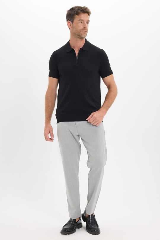 Erkek Slim Fit Dar Kesim %100 Pamuk Örme Triko Fermuarlı Siyah Polo Yaka Tişört