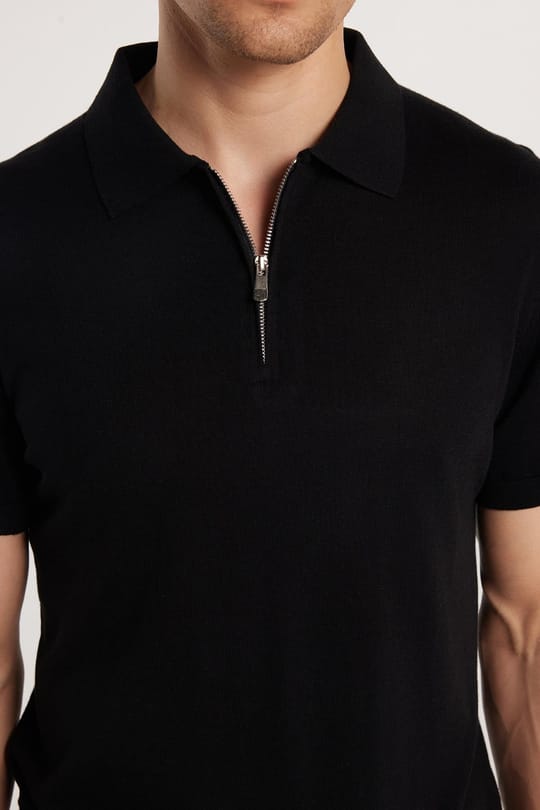 Erkek Slim Fit Dar Kesim %100 Pamuk Örme Triko Fermuarlı Siyah Polo Yaka Tişört