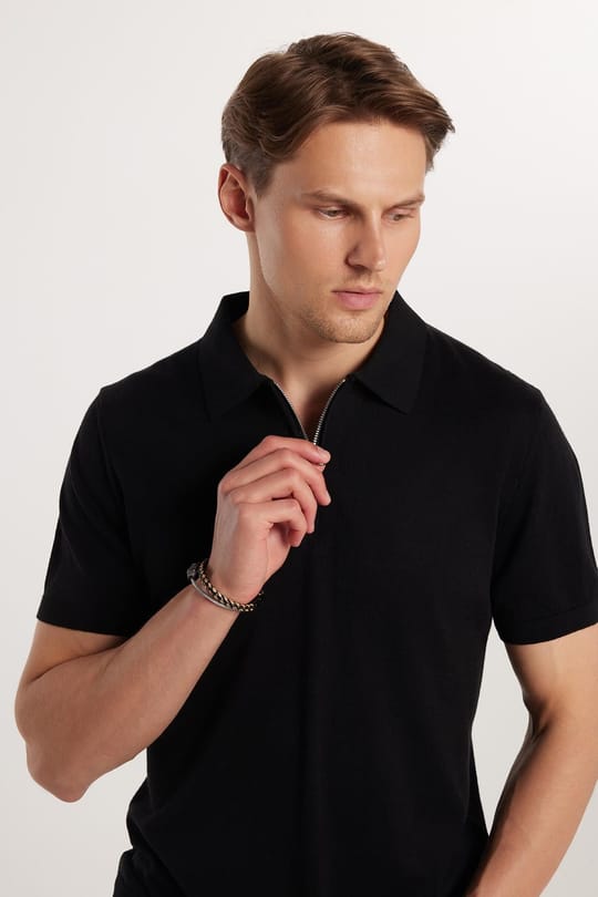Erkek Slim Fit Dar Kesim %100 Pamuk Örme Triko Fermuarlı Siyah Polo Yaka Tişört