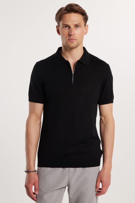 Erkek Slim Fit Dar Kesim %100 Pamuk Örme Triko Fermuarlı Siyah Polo Yaka Tişört