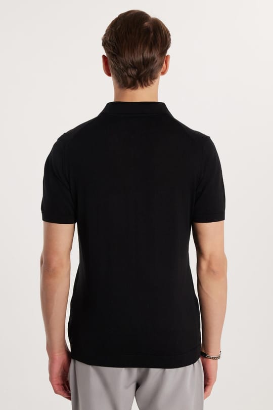 Erkek Slim Fit Dar Kesim %100 Pamuk Örme Triko Fermuarlı Siyah Polo Yaka Tişört