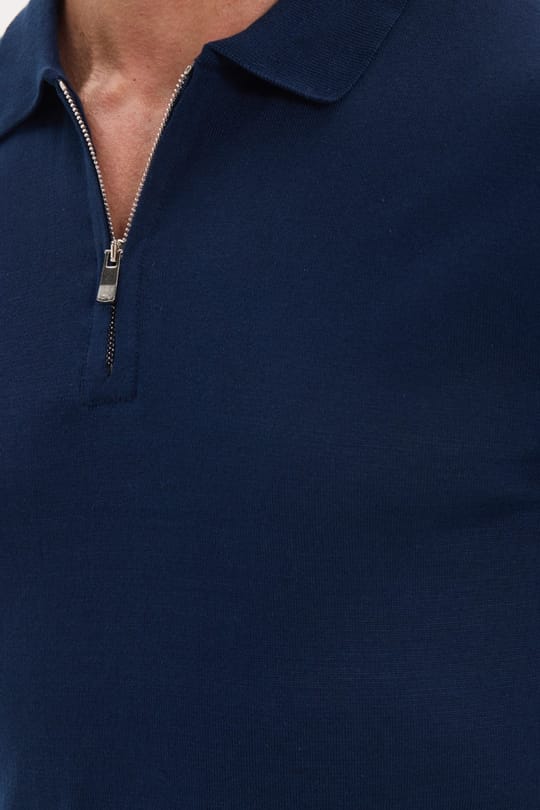 Erkek Slim Fit Dar Kesim %100 Pamuk Örme Triko Fermuarlı Lacivert Polo Yaka Tişört