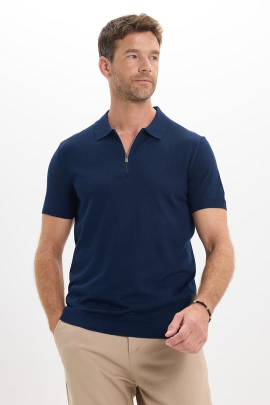 Erkek Slim Fit Dar Kesim %100 Pamuk Örme Triko Fermuarlı Lacivert Polo Yaka Tişört