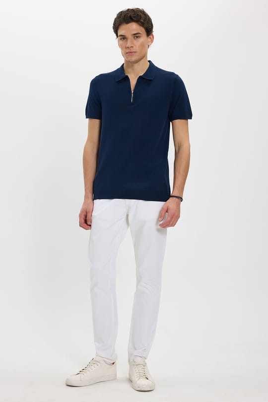 Erkek Slim Fit Dar Kesim %100 Pamuk Örme Triko Fermuarlı Lacivert Polo Yaka Tişört
