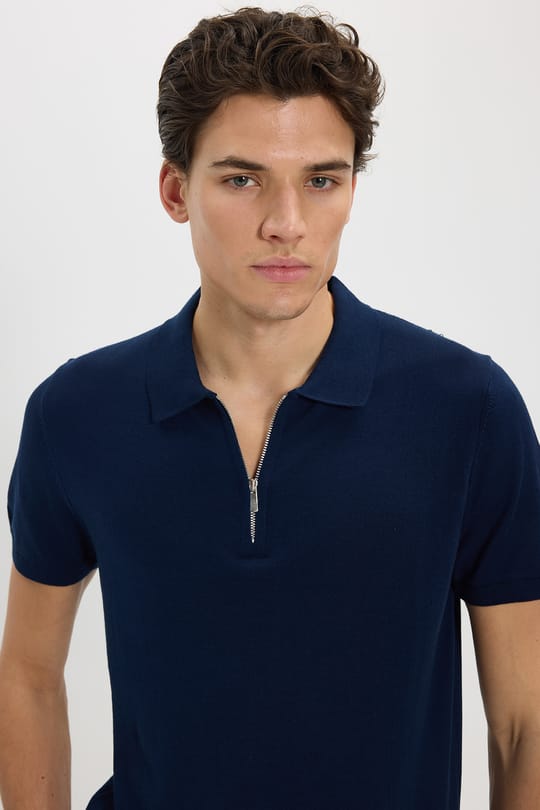 Erkek Slim Fit Dar Kesim %100 Pamuk Örme Triko Fermuarlı Lacivert Polo Yaka Tişört