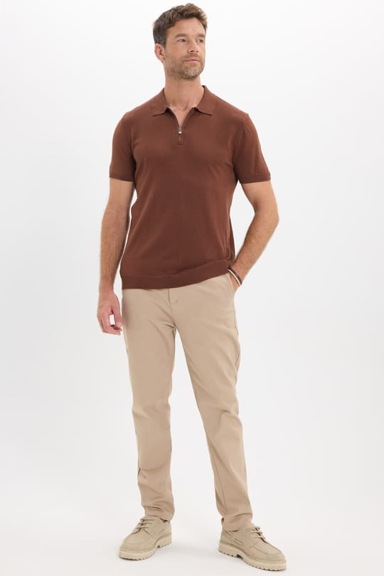 Erkek Slim Fit Dar Kesim %100 Pamuk Örme Triko Fermuarlı Kahverengi Polo Yaka Tişört
