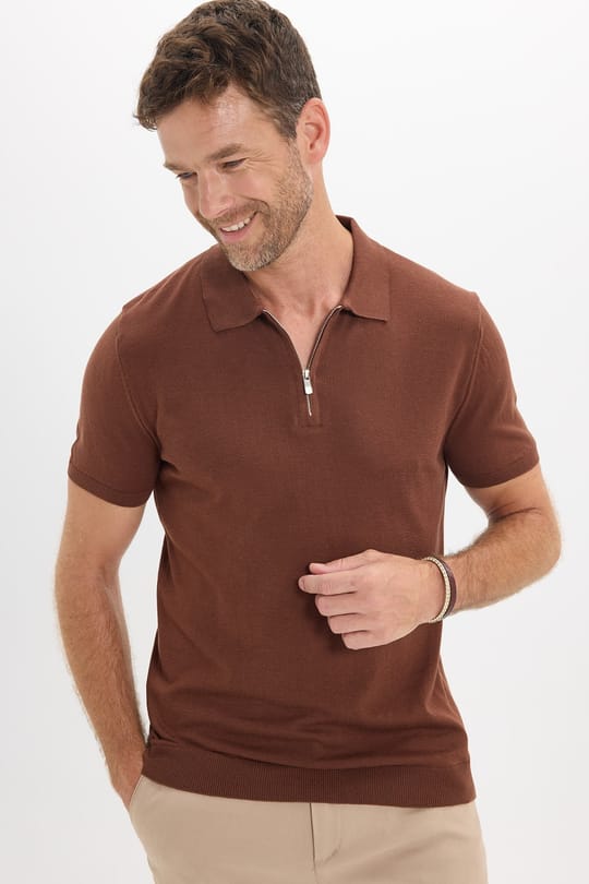 Erkek Slim Fit Dar Kesim %100 Pamuk Örme Triko Fermuarlı Kahverengi Polo Yaka Tişört