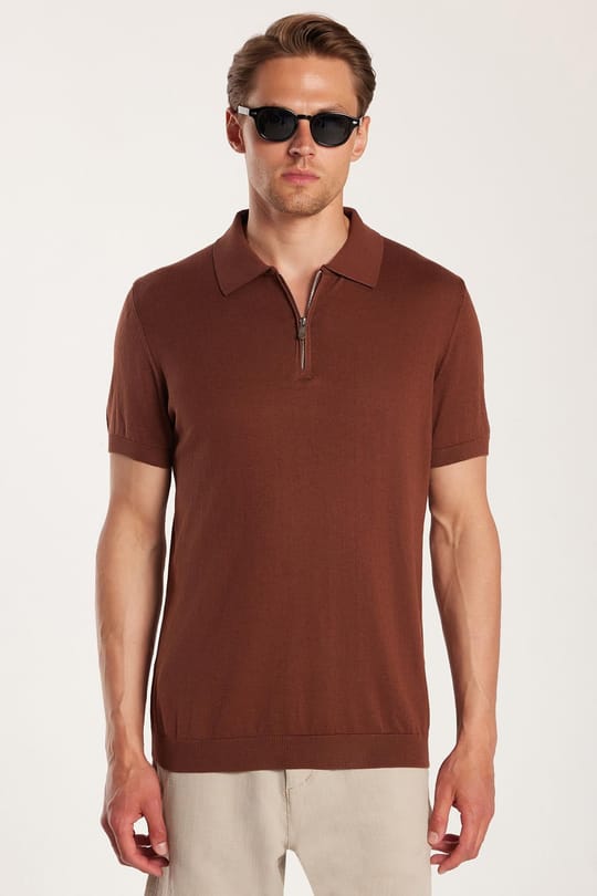 Erkek Slim Fit Dar Kesim %100 Pamuk Örme Triko Fermuarlı Kahverengi Polo Yaka Tişört