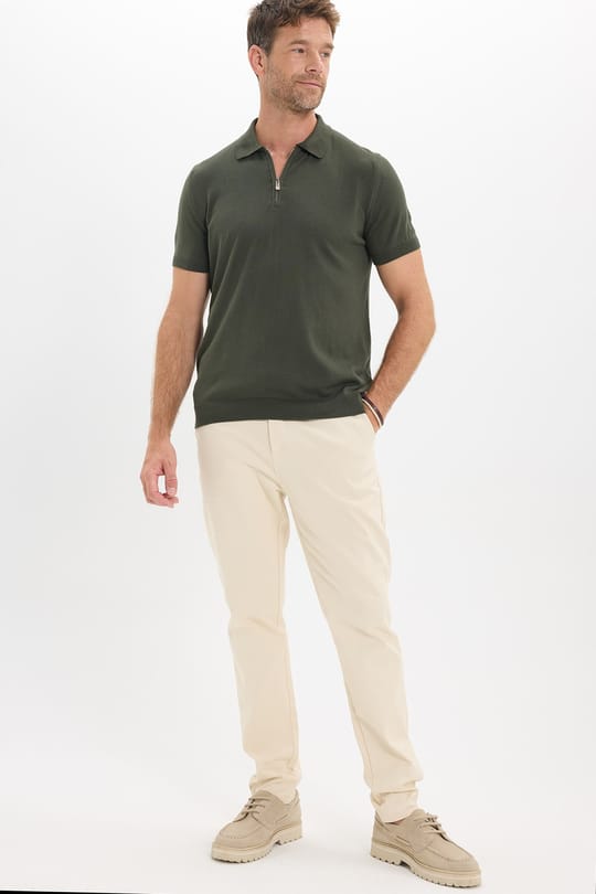 Erkek Slim Fit Dar Kesim %100 Pamuk Örme Triko Fermuarlı Haki Polo Yaka Tişört