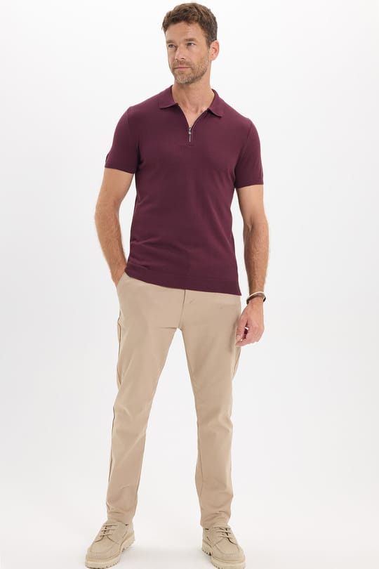Erkek Slim Fit Dar Kesim %100 Pamuk Örme Triko Fermuarlı Bordo Polo Yaka Tişört