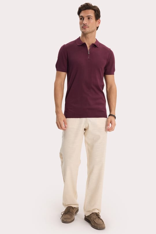 Erkek Slim Fit Dar Kesim %100 Pamuk Örme Triko Fermuarlı Bordo Polo Yaka Tişört