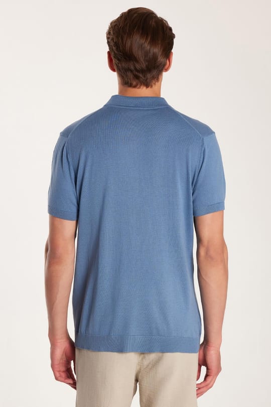 Erkek Slim Fit Dar Kesim %100 Pamuk Örme Triko Fermuarlı İndigo Polo Yaka Tişört