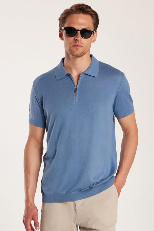 Erkek Slim Fit Dar Kesim %100 Pamuk Örme Triko Fermuarlı İndigo Polo Yaka Tişört