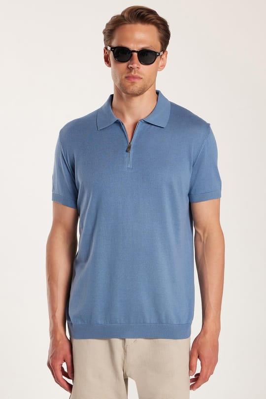 Erkek Slim Fit Dar Kesim %100 Pamuk Örme Triko Fermuarlı İndigo Polo Yaka Tişört